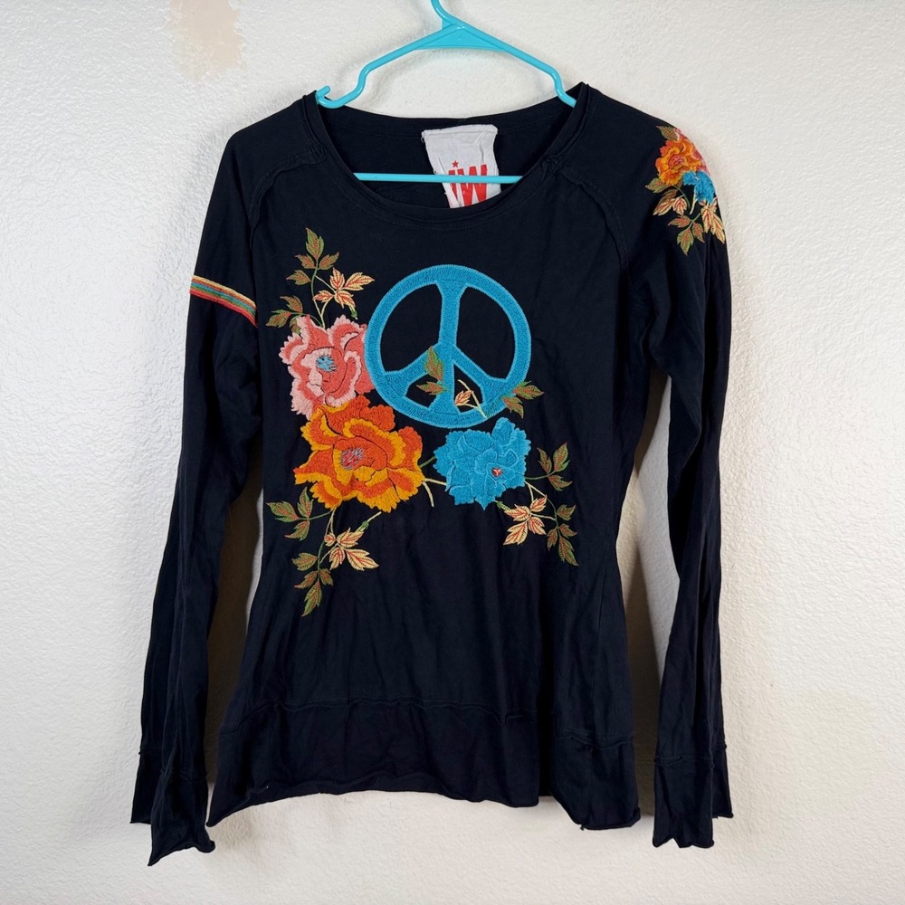 Johnny Was JW Los Angeles Women's Top Black Sz M Embroidered Peace Sign Floral